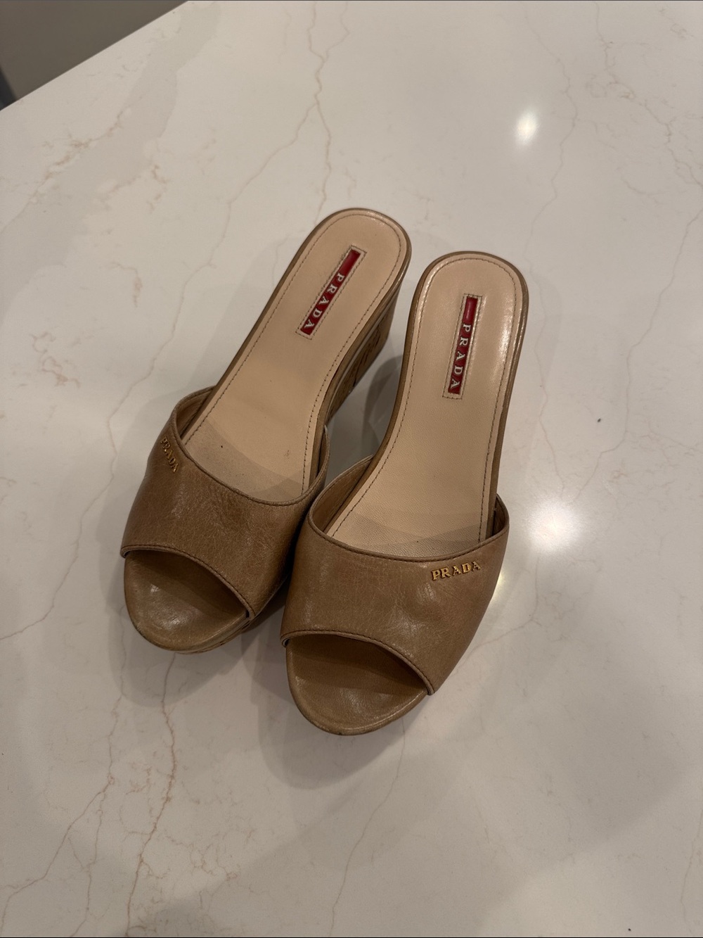 Prada Tan Leather Open-Toe Mule Slides with Gold Logo